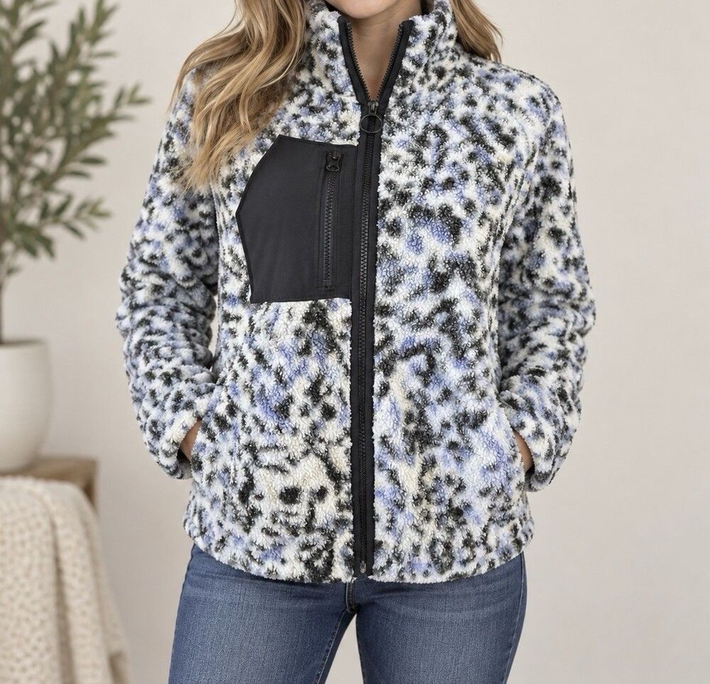 Kinesis Women’s Medium Sherpa Fleece Jacket Animal Print Full Zip Chest Pocket